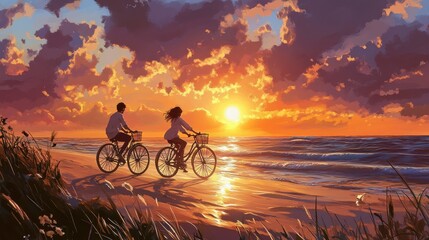 A scenic image of a couple riding their bicycles along the beach during sunset, capturing a romantic and serene moment with the glowing sky and gentle waves as the backdrop.