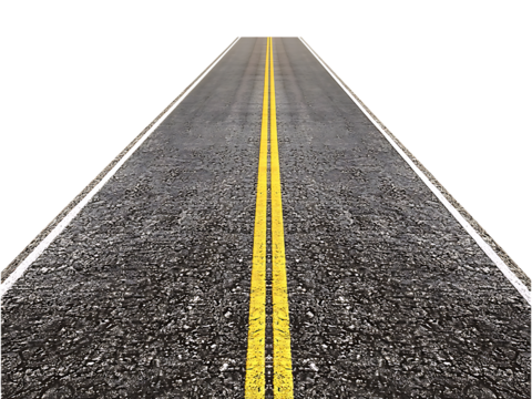 straight asphalt road with yellow markings isolated on transparent or white background, png cutout