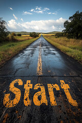 Road start line under bright blue sky.