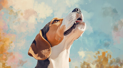 Illustration of a Howling Beagle in Cartoon Style, Warm Tones, Expressing Emotion
