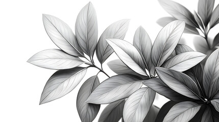 Monochrome close-up of lush, detailed leaves against a white background.
