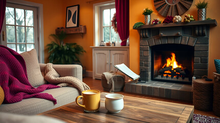 A cozy living room in electric vivid colors