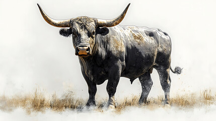 Majestic longhorn bull standing in a dusty field, isolated on white background.