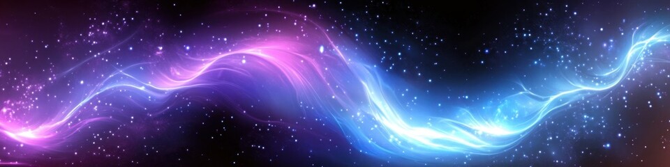 Fototapeta premium Cosmic energy waves, vibrant pink and blue aurora, deep space background, starry night sky, ethereal nebula, swirling light patterns, celestial phenomenon, galactic colors, interstellar clouds, lumino