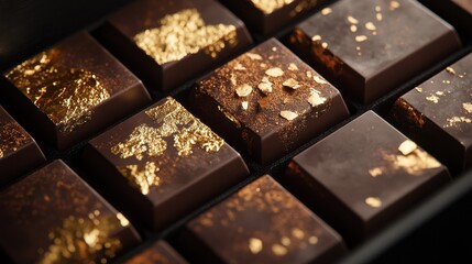 A close-up of a box of gourmet chocolates, each piece adorned with delicate gold leaf.