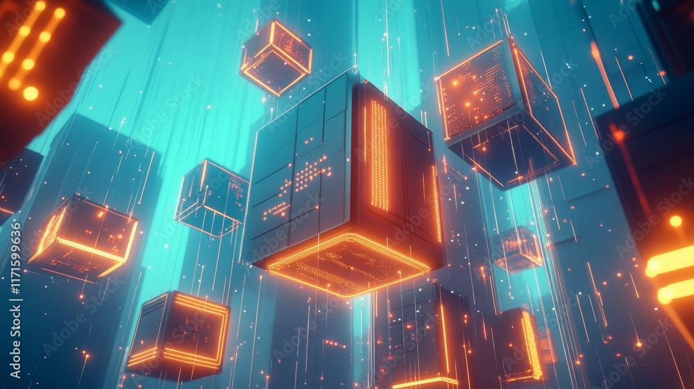 Poster futuristic light blue abstract composition showcasing interconnected modules and digital patterns in