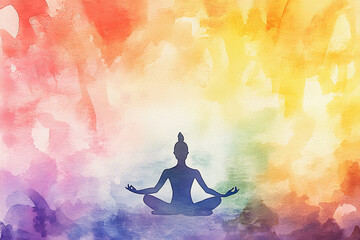 Mindful Meditation: Watercolor Illustration of Woman in Lotus Pose with Botanical Elements for International Yoga Day