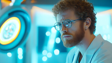 Dedicated scientist investigates complex data in a vibrant, high-tech research facility