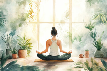 Mindful Meditation: Watercolor Illustration of Woman in Lotus Pose with Botanical Elements for International Yoga Day