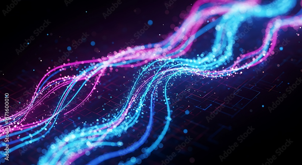 Poster abstract tech background with illuminated fiber optic connections, quantum computing network system 