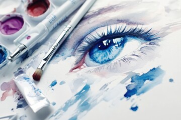 A watercolor background with eyes of girl . mixing palette filled with freshly mixed vibrant colors.