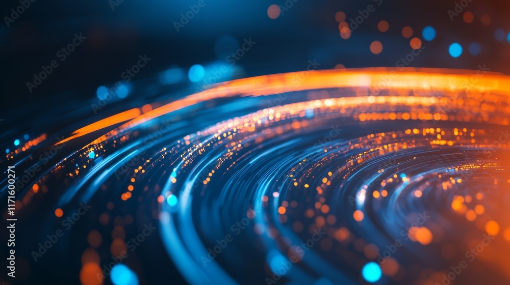 Poster futuristic digital technology background with glowing blue and orange circular elements in a high re