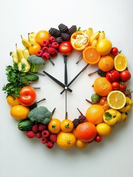Clock made of fruits and vegetables showing time of 23 hours 55 minutes, time for new year resolutions concept