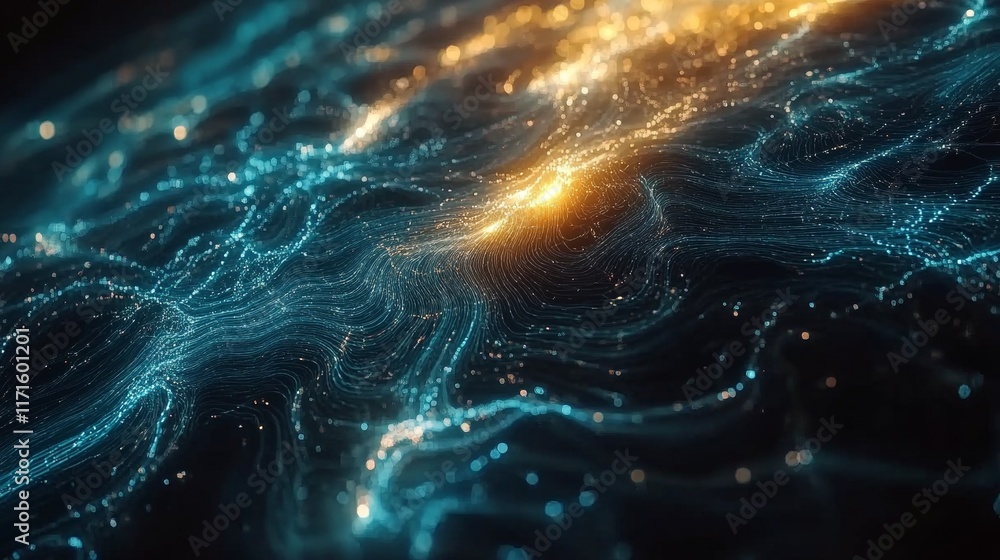 Poster abstract background featuring glowing blue lines and light particles illustrating data flow and tech