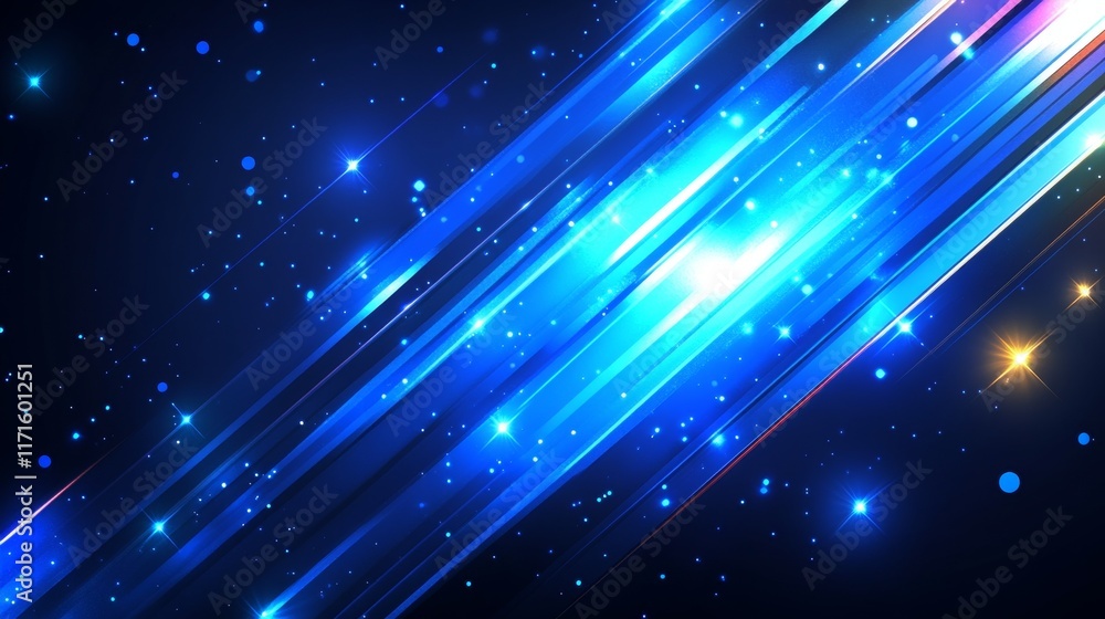 Poster abstract background featuring glowing blue lines and light particles creating a dynamic data flow co