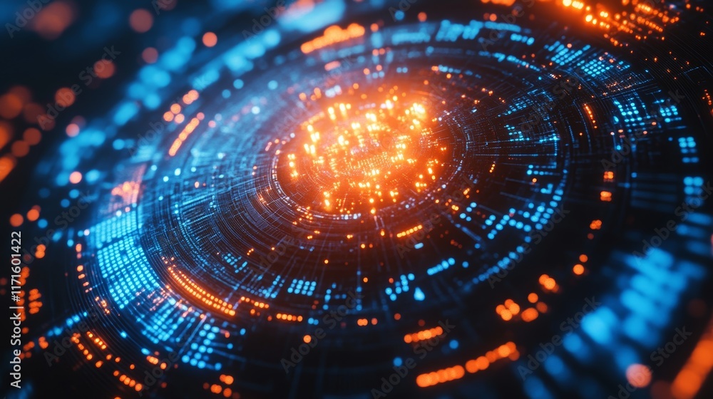Poster futuristic technology background showcasing blue and orange lights with a digital interface and data