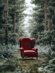 Red armchair in the middle of the forest.Generative AI