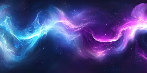Fototapeta premium Abstract cosmic energy, vibrant purple and blue waves, flowing ethereal light, dynamic swirling patterns, galactic nebula, celestial aurora, interstellar phenomenon, cosmic dance, luminous wisps, deep