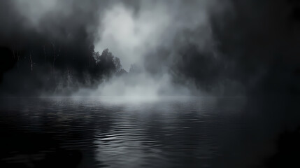 Obraz premium Dark and misty water surface of a lake or pond with subtle ripples and reflections, darkness, reflection, rippled surface. Rippled. Illustration