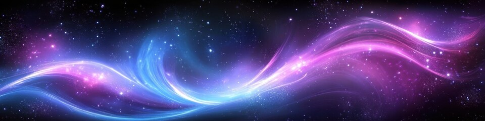 Fototapeta premium Abstract cosmic energy, vibrant purple and blue waves, flowing ethereal light, dynamic swirling patterns, galactic nebula, celestial aurora, interstellar phenomenon, cosmic dance, luminous wisps, deep