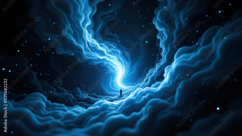 Poster a dynamic digital artwork depicting an ai entity emerging from a cosmic cloud towards space.