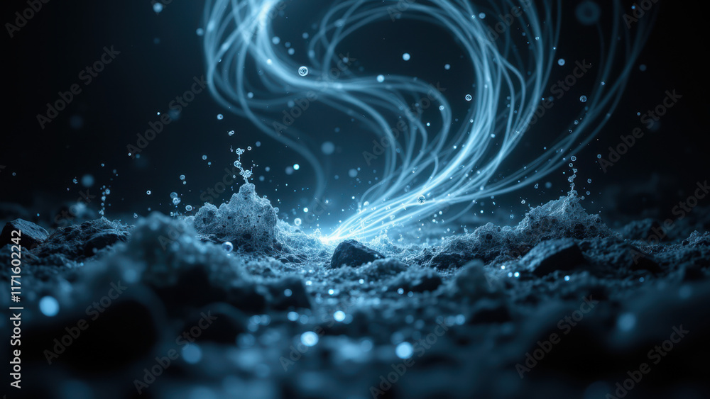 Poster futuristic digital artwork featuring abstract ai patterns and blue light energy flow with dark backg