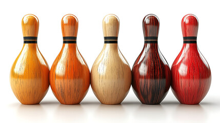 Five colorful wooden bowling pins in a row on white background.