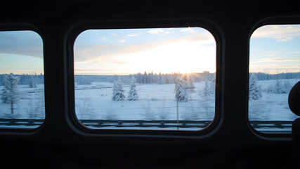 A winter view from a train window with a beautiful winter view, the feeling of moving in the picture. Generative AI