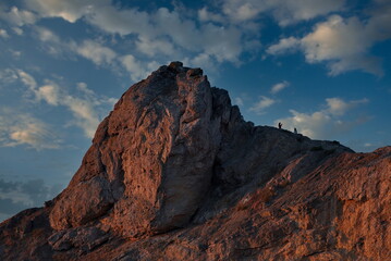 Russia, New World. Picturesque view of the cliffs illuminated by the dawn sun on the Black Sea coast from Cape Kapchik on the Crimean Peninsula.