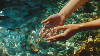 Hands gently touching the crystal-clear water surface of a natural river, showcasing purity and connection with nature. Rippled. Illustration