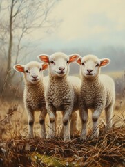 Fototapeta premium Cute young lambs on pasture early morning in spring