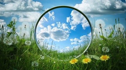 nature concept - sky reflection in round mirror on summer field with dandelion flowers