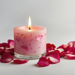 burning pink candle with rose petals around