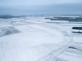 Obraz premium Aerial view of snow-covered fields under a cloudy sky, showcasing the serene beauty of winter landscapes