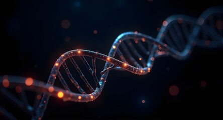 Illuminated DNA double helix with a blue futuristic glow, set against a black background with digital grid patterns.
