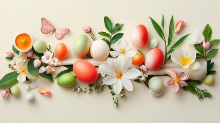 Obraz premium Easter and spring flat lay on a cream background.