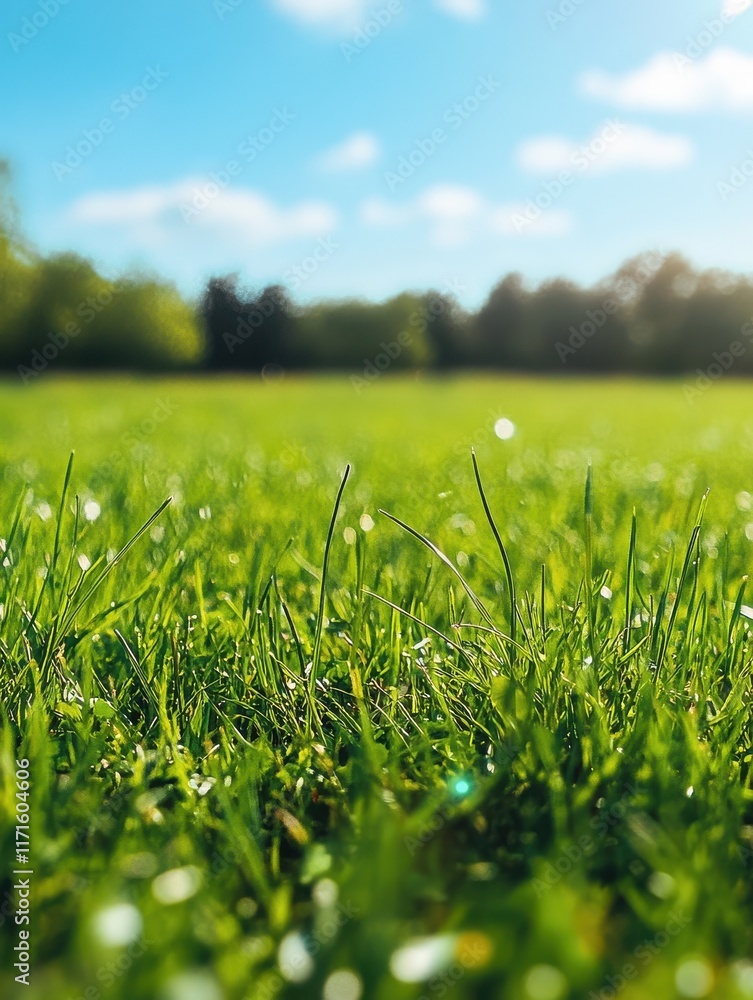 Aufkleber beautiful sunny spring meadow with green grass and blue sky. abstract background with light bokeh an