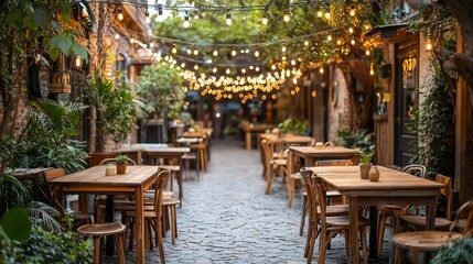 Fototapeta premium Romantic outdoor cafe at night with string lights.