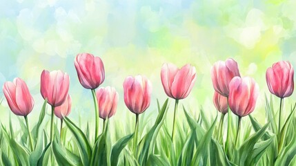 Fototapeta premium Watercolor pink tulips spring flowers in the grass background with empty space for text.