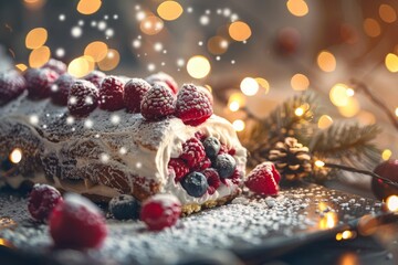 Festive berry cake with holiday lights