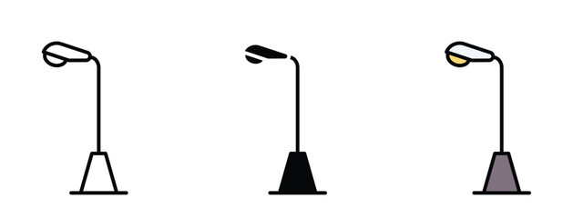 Set of 3 "Street Light" icons with 1 line, 1 silhouette n 1 colored icon with an unexpanded vector inside - Simple street light icon with a sleek pole and glowing lamp. Perfect for urban, navigation