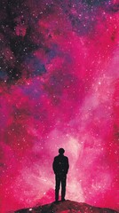 Obraz premium A Solitary Figure Contemplates a Vivid Pink Galaxy