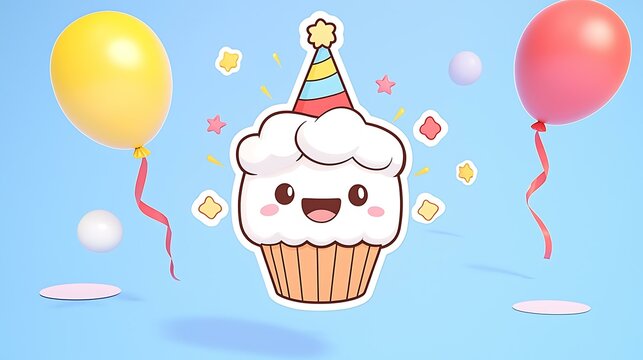 A smiling cupcake character wearing a party hat, surrounded by colorful balloons and streamers