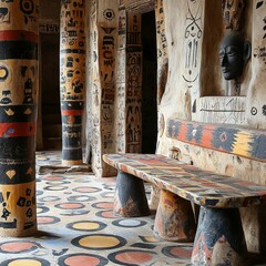 Intricately decorated interior of a cultural building with vibrant tribal patterns