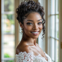 Portrait of a very attractive black woman in a wedding dress in an interior illuminated with natural light	
