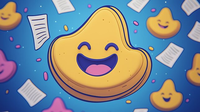 Adorable fortune cookies with smiling expressions, surrounded by paper fortunes in a festive environment