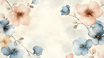 Watercolor art background vector. Wallpaper design with winter flower paint brush line art. Earth tone blue, pink, ivory, beige watercolor Illustration for prints, wall art, cover and invitation.