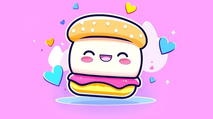 An animated burger character with a happy face and emoji hearts floating around, placed on a vibrant background