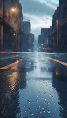 Close-up of a wet road surface with raindrops and blurred city lights in the background, creating a moody and atmospheric scene.