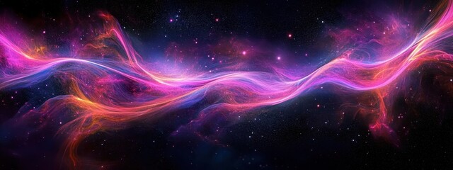 Fototapeta premium Abstract waves, vibrant colors, neon lights, fluid motion, cosmic energy, digital art, flowing ribbons, purple and pink hues, dynamic swirls, ethereal glow, futuristic design, seamless pattern, lumino